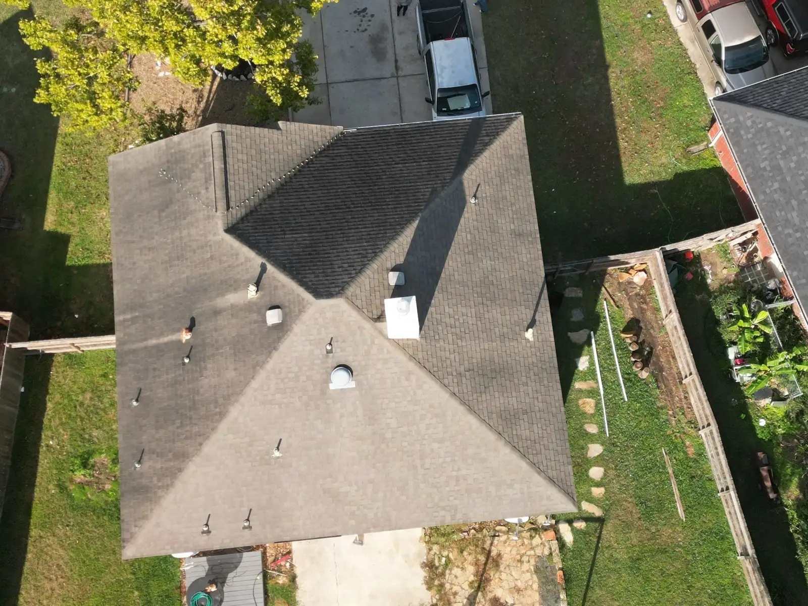 December 2. The old roof, straight down — every slope in one frame.
