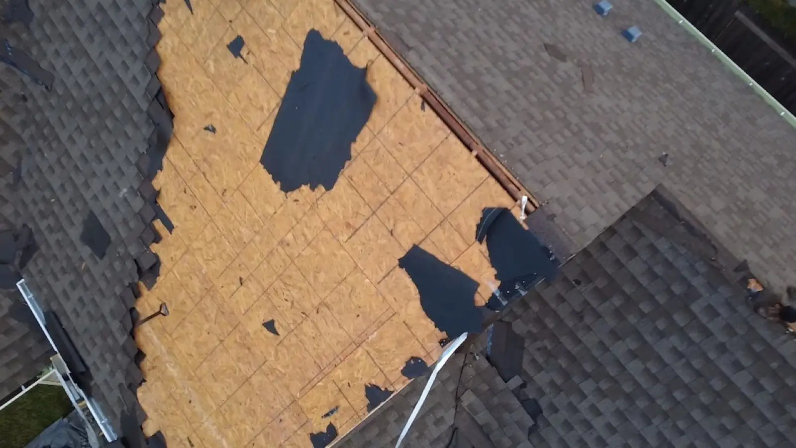 October 28. From above — the old roof coming off to bare decking.