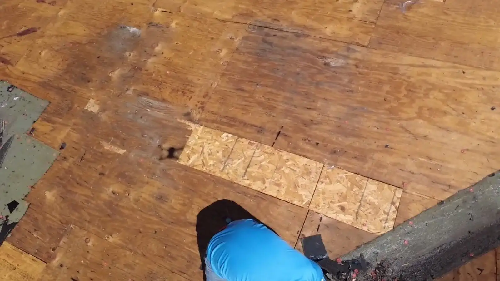 February 23. Fresh decking let into the roof — one of three rotted sections cut out and replaced.