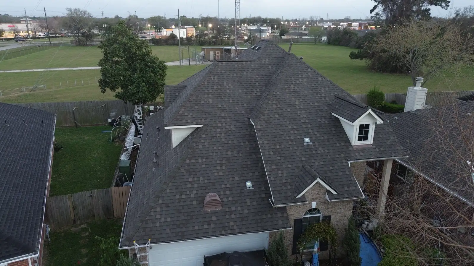 March 3. The rebuilt roof in the last light of the build day.