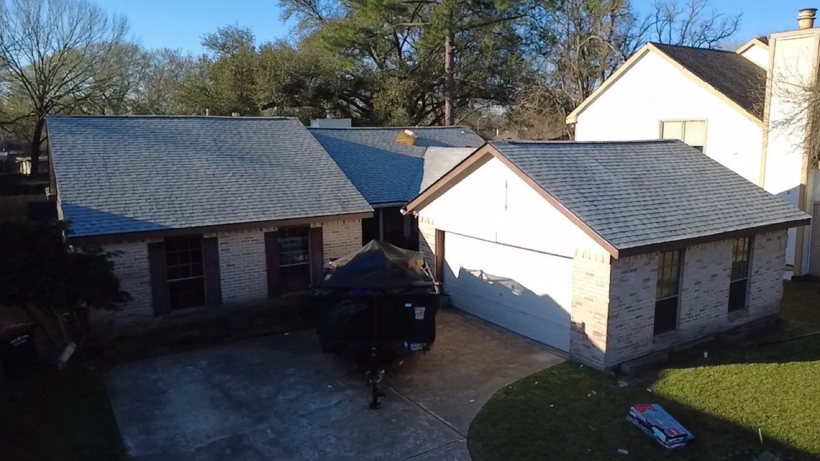 February 24, morning. The new roof from the air, the morning after the build.