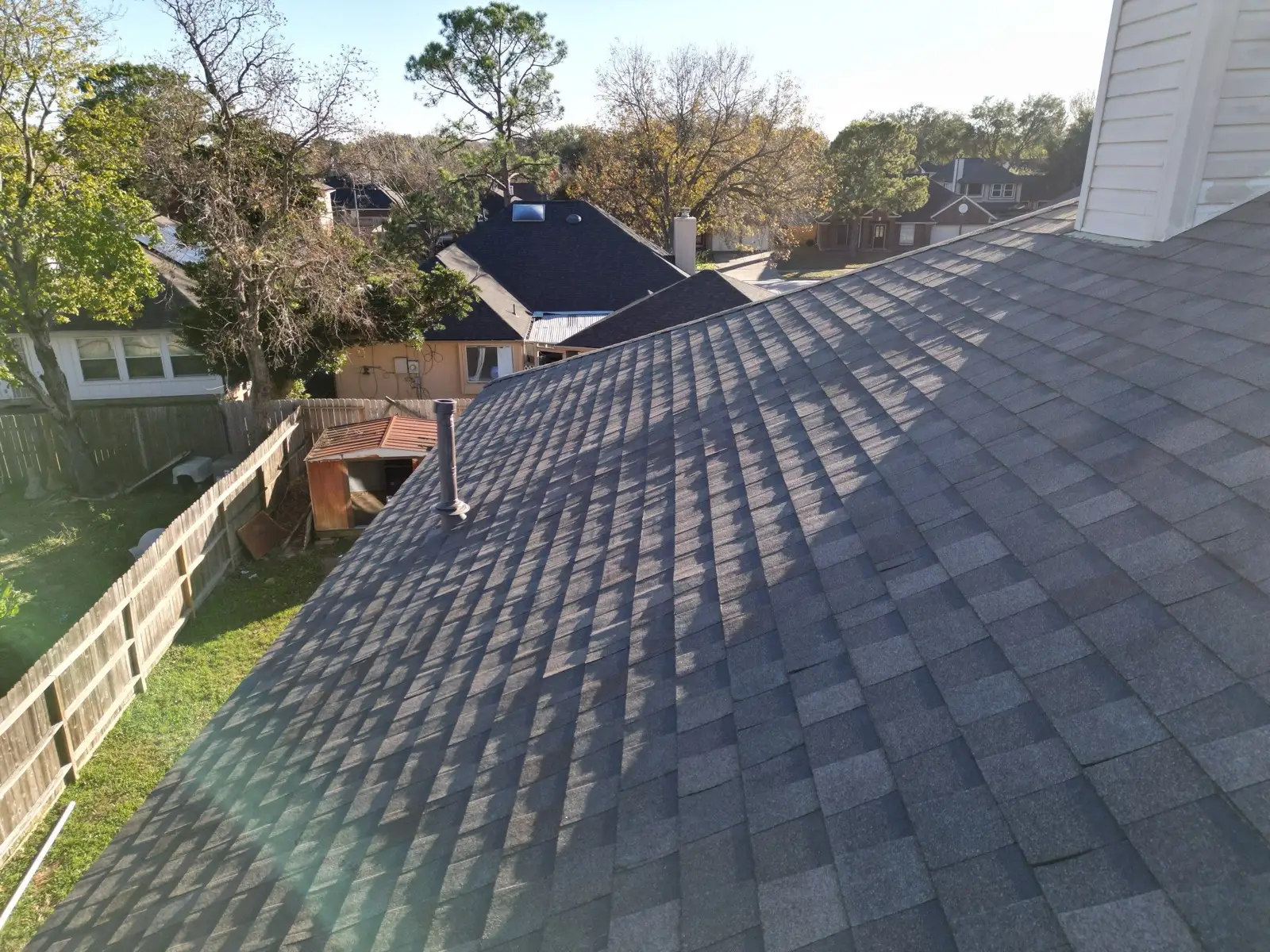 December 30. The new field from the roof, low sun across the shingles.