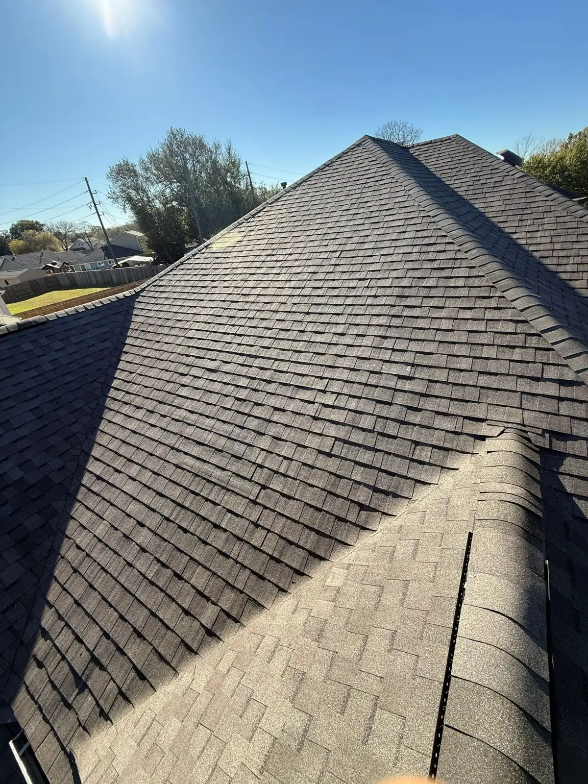 January 15. The new field from the roof, winter sun across the shingles.