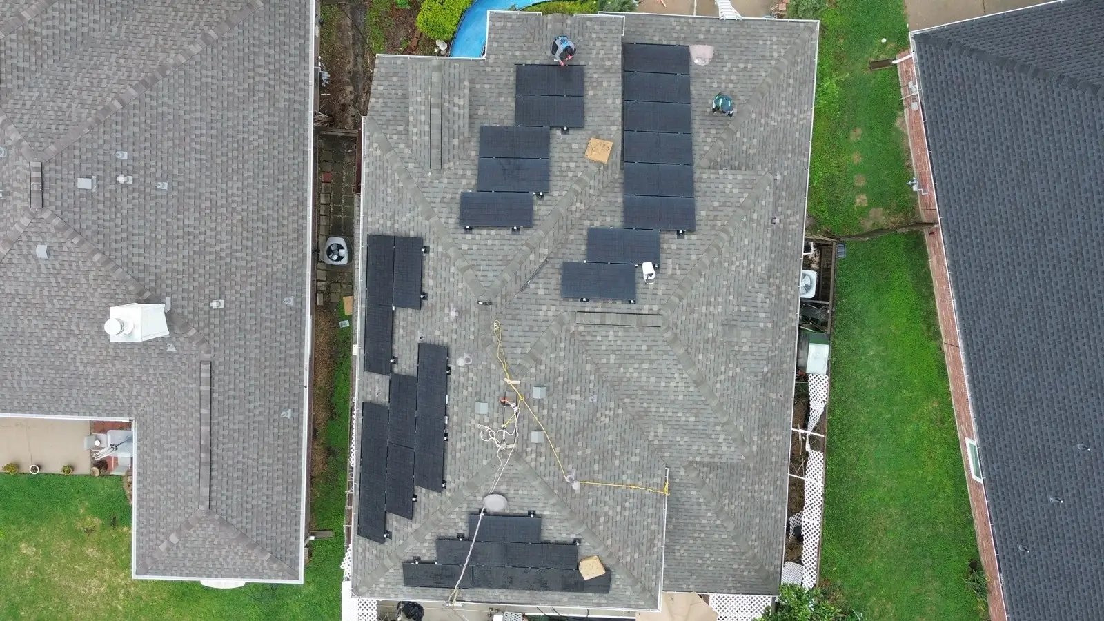 March 5. Straight down — panels back on the rebuilt roof.